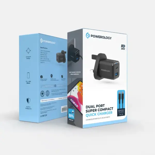 POWEROLOGY DUAL PORT SUPER COMPACT QUICK CHARGER | PD 35W | WITH USB-C TO USB-C BRAIDED CABLE